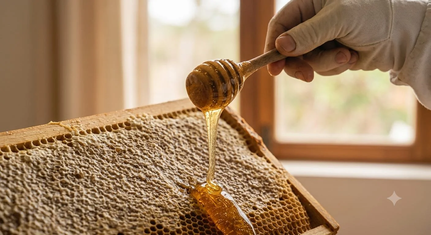 Mano con guante colocando miel en un panal de abejas.