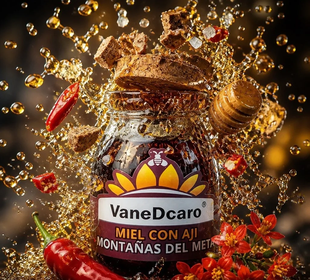 Un frasco de miel con ajI, rodeado de gotas y fragmentos de ají rojo y flores naranjas, con un fondo difuso oscuro.