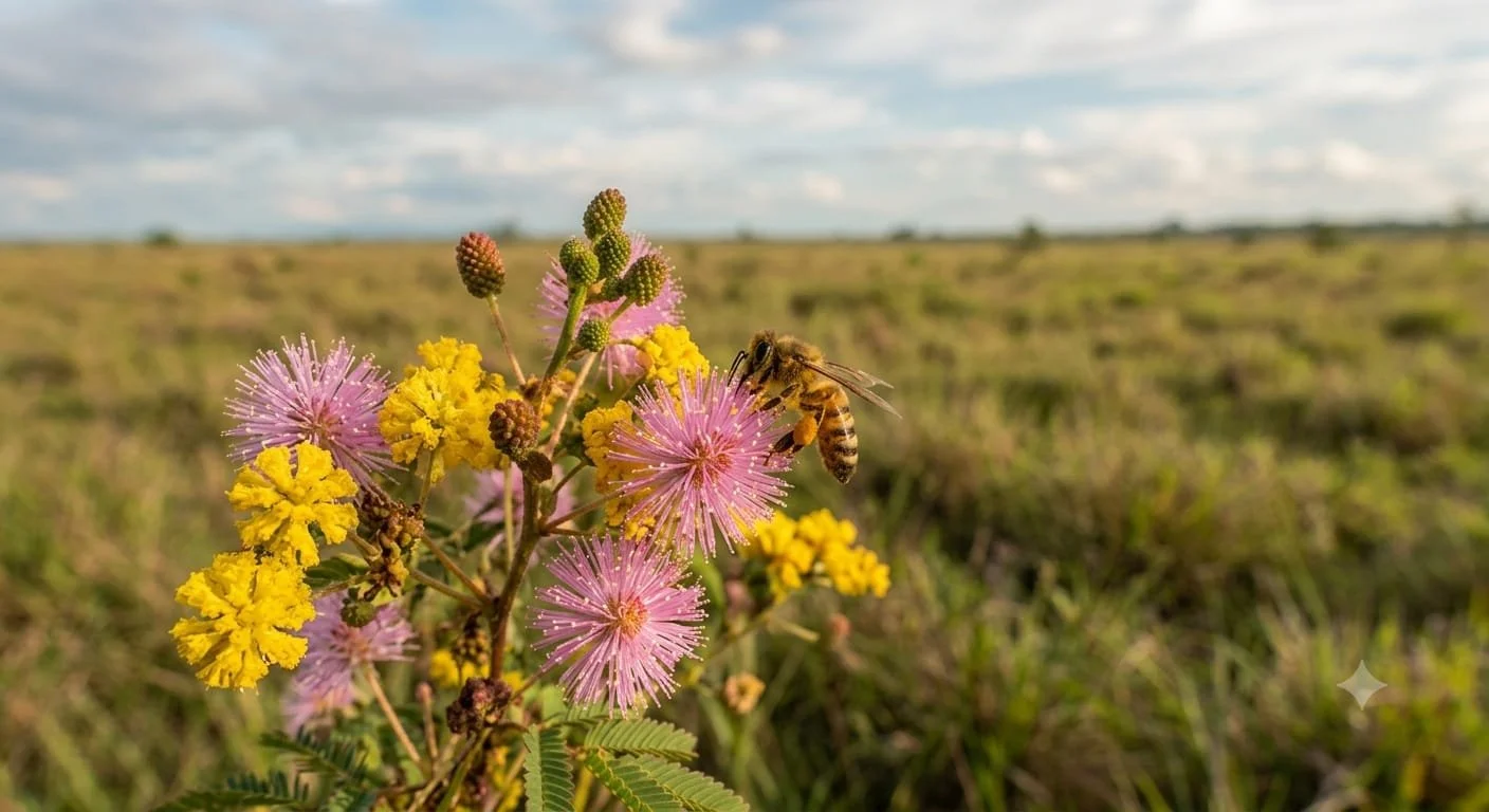 Una abeja sobre flores amarillas y rosadas en un campo abierto con cielo nublado.