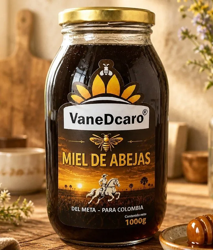 Frasco de miel de abejas de la marca VaneDcaro, con 1000 gramos, en un entorno rústico.