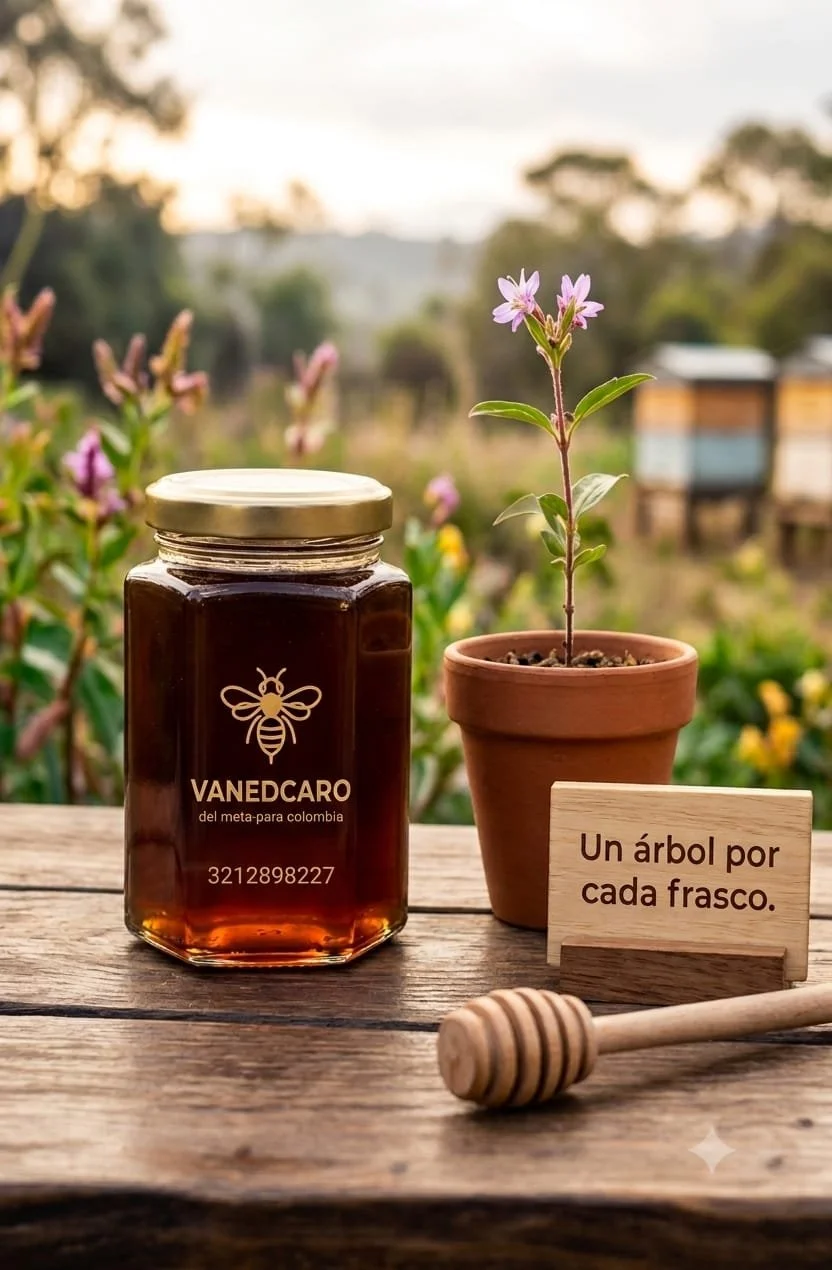 Frascos de miel con una planta en una maceta y una señal que dice 'Un árbol por cada frasco' en un fondo de paisaje natural con árboles y un cielo nublado.
