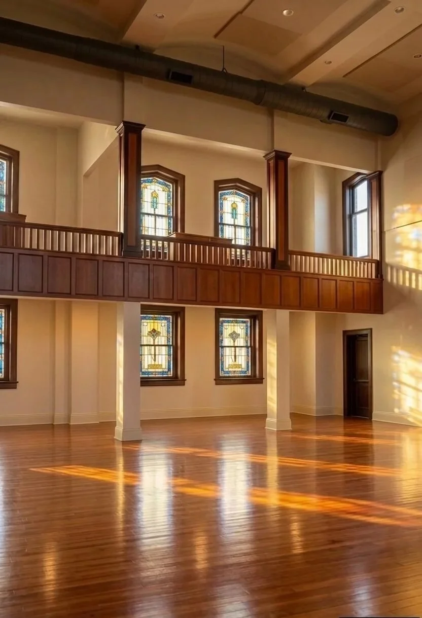 Ceremony room in The Bradshaw in Eudora, Kansas with wooden floors, cream colored walls, large stained glass windows, a wooden balcony with railing and support beams.