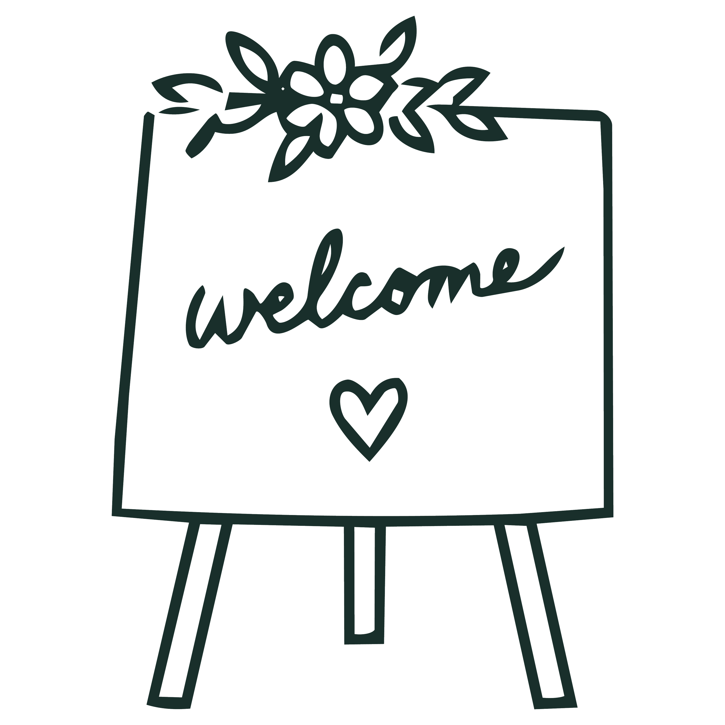 The Bradshaw brand graphic of a welcome sign with flowers on a tripod stand.
