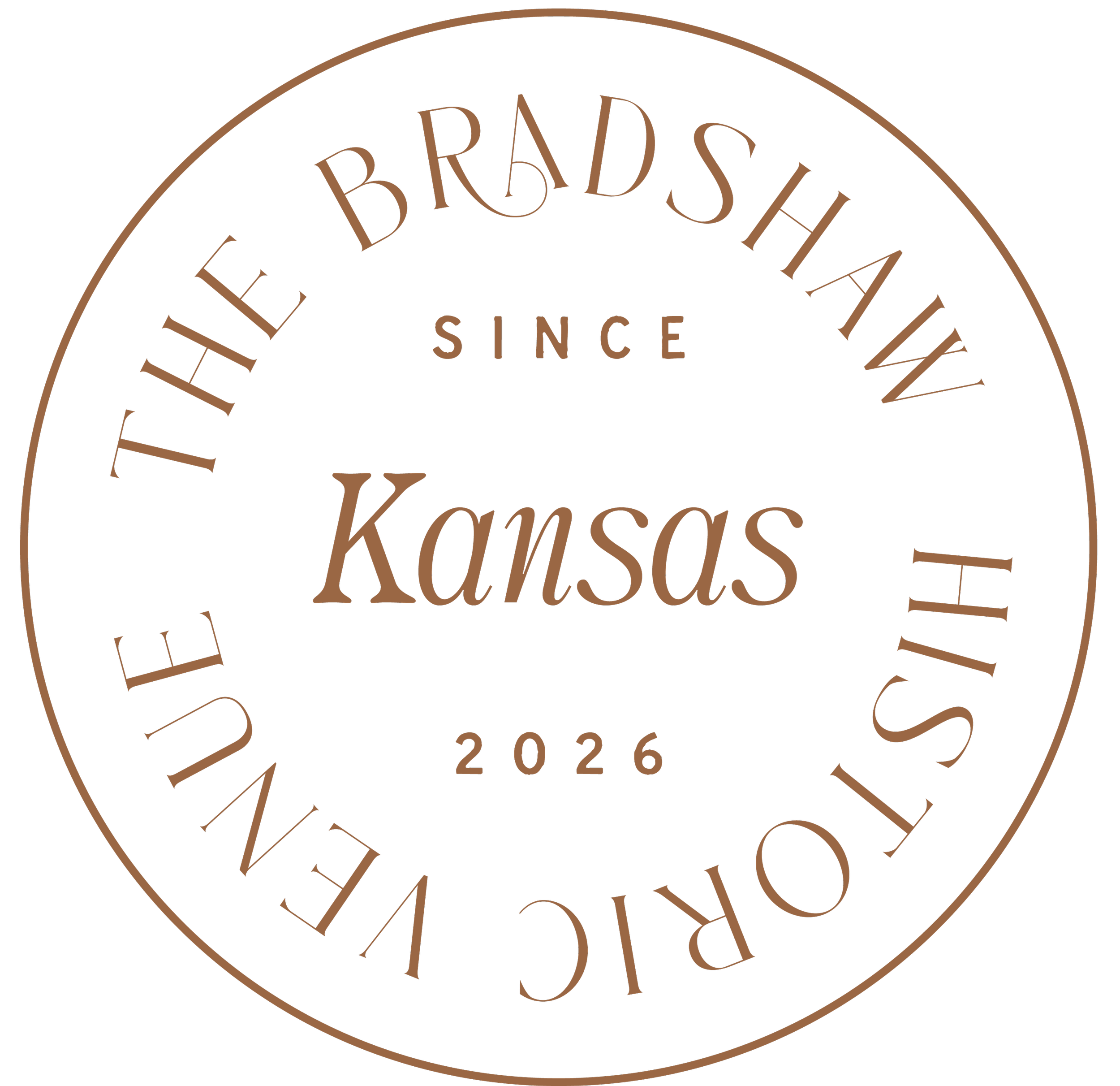 Brown circle brand logo mark reading The Bradshaw Historic Venue Kansas Since 2026.