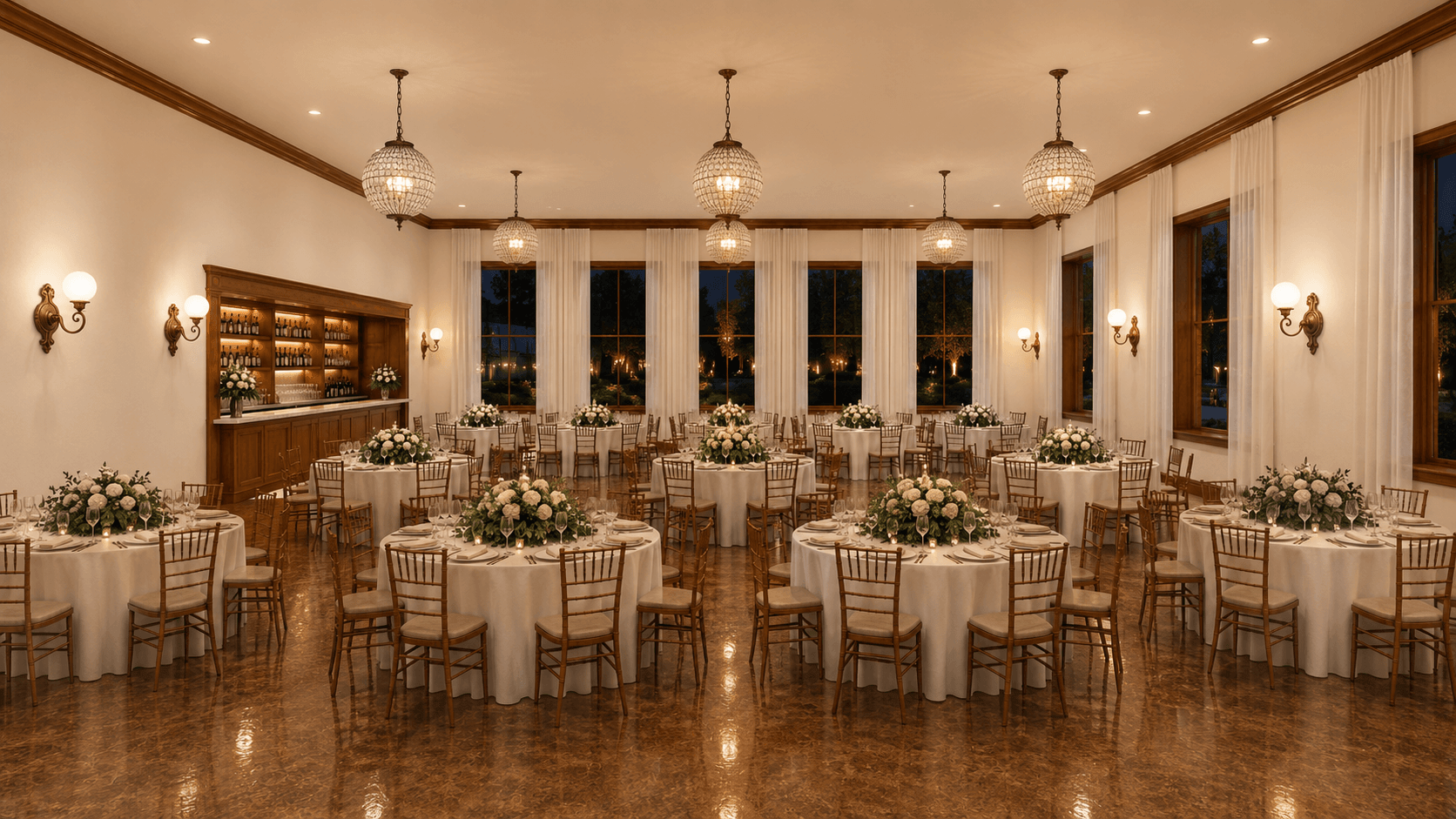 Reception hall at The Bradshaw in Eudora, Kansas with round tables with tablecloths, floral centerpieces, wooden chairs, hardwood floors, large windows and unique round chandeliers.