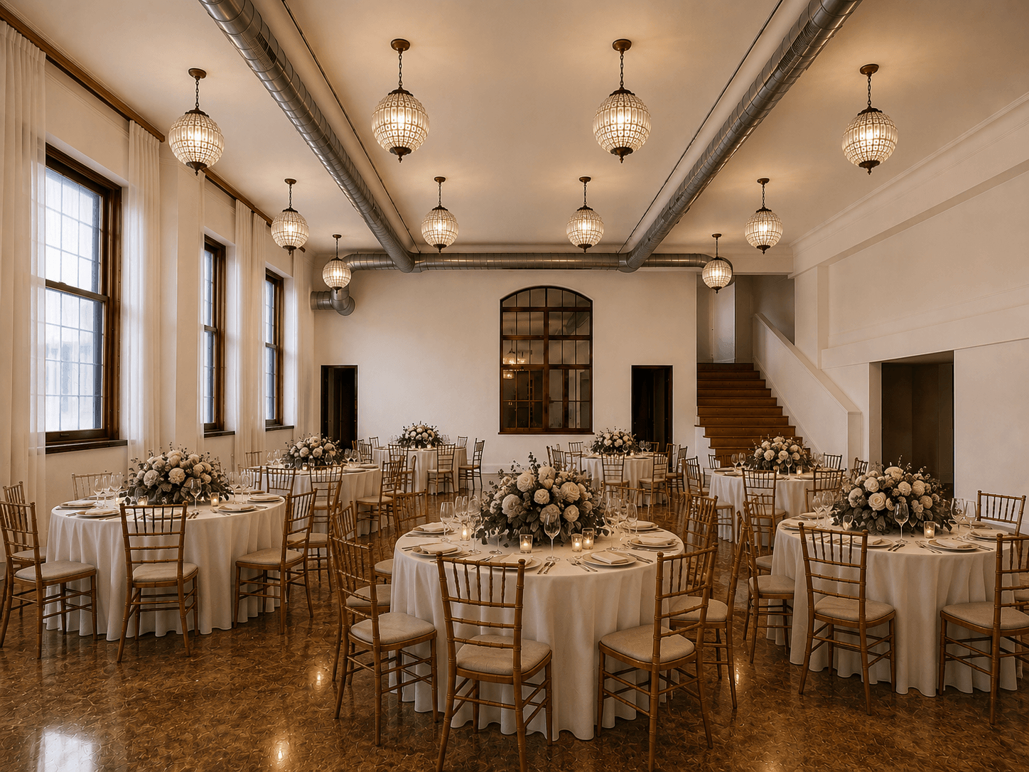 The Bradshaw reception hall with round tables in tablecloths, white floral centerpieces and wooden chairs. Large windows with white curtains let in natural light, and the room is illuminated by chandeliers.