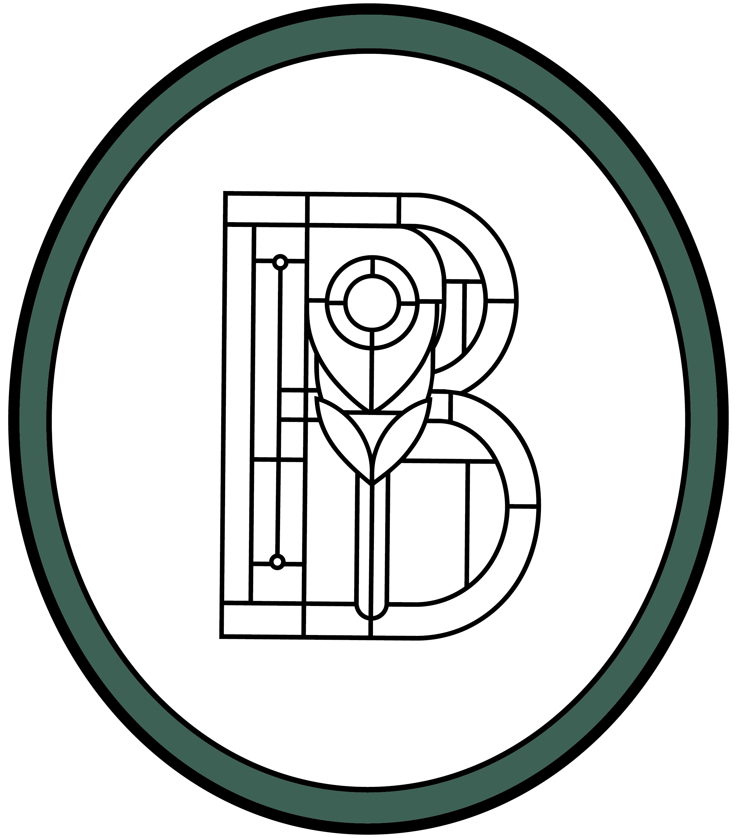The Bradshaw oval brand logo graphic with dark green outline, white colored interior and ornate B graphic in the center in the style of a stained glass window.