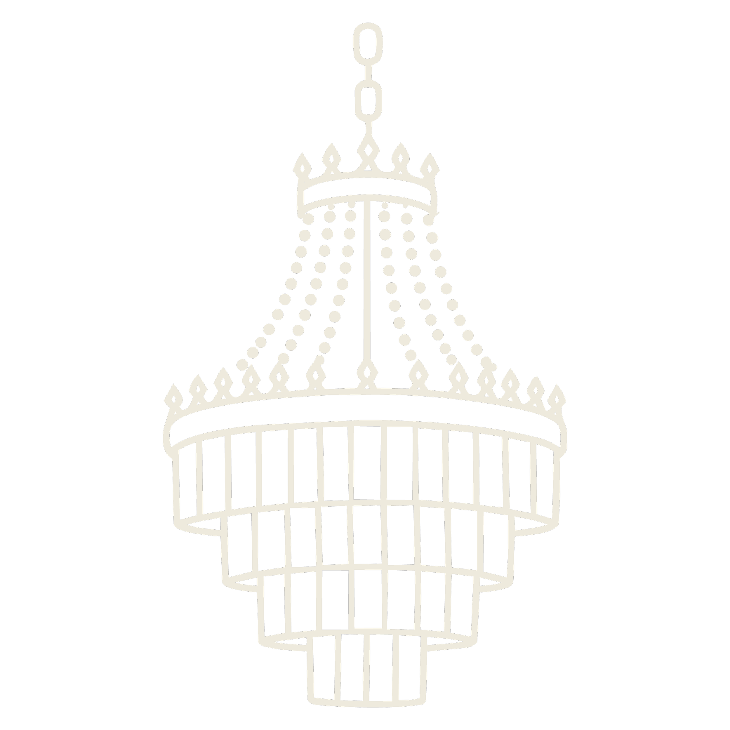 The Bradshaw branded logo illustration of a chandelier with multiple hanging crystals in cream color.