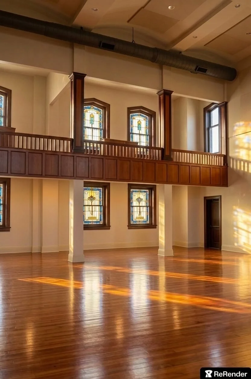Ceremony room in The Bradshaw in Eudora, Kansas with wooden floors, cream colored walls, large stained glass windows, a wooden balcony with railing and support beams.