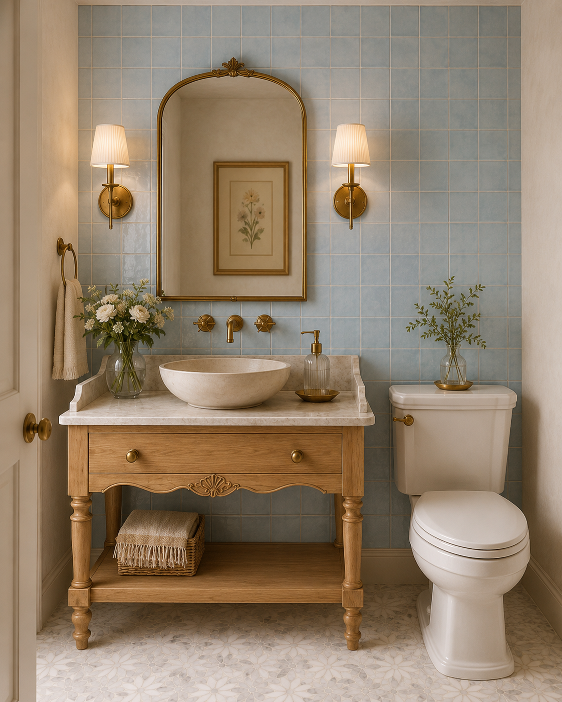 Bridal suite restroom with light blue tiled, vintage brass accents, and a marble basin.