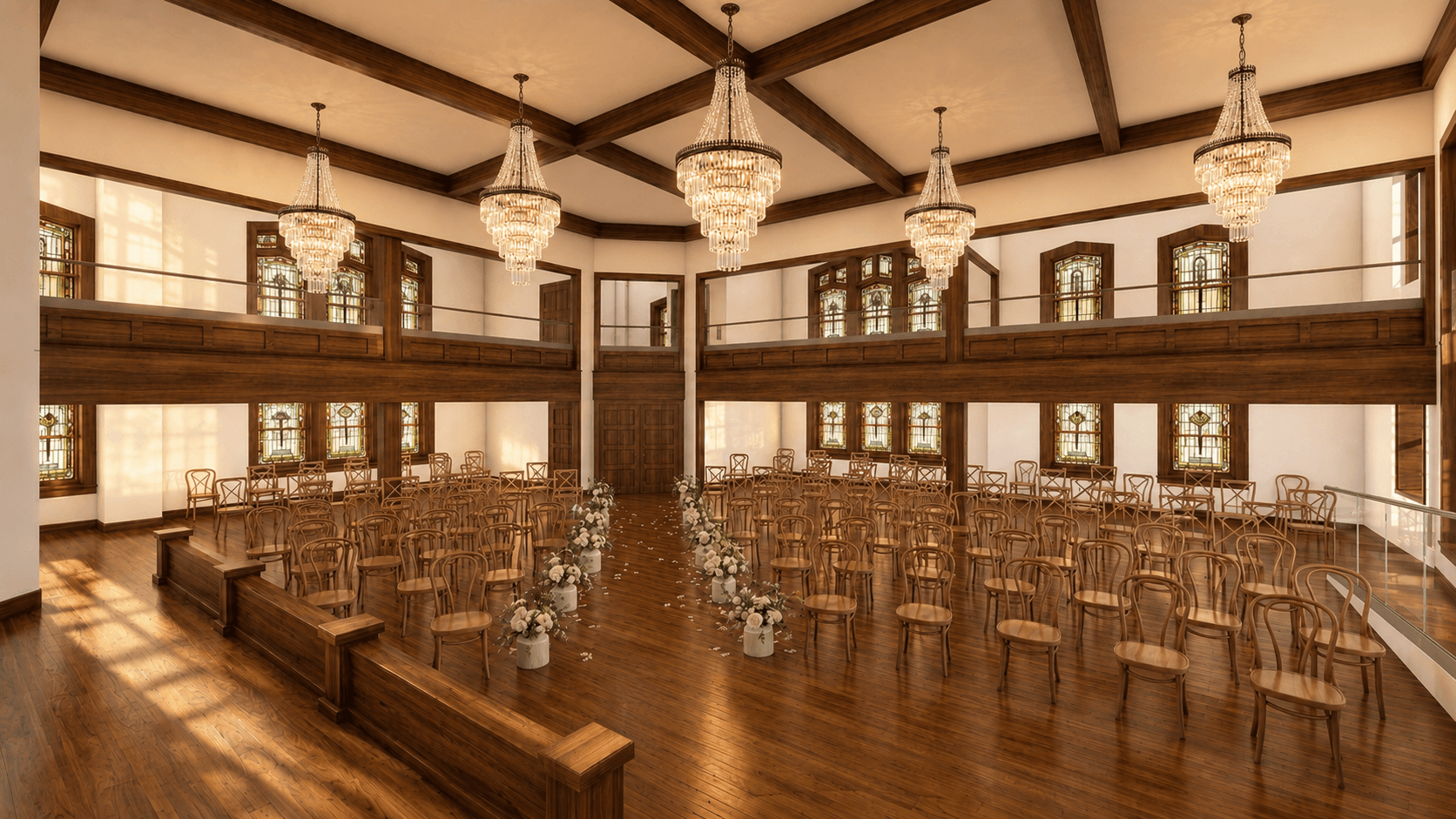 A beautifully decorated ceremony space in The Bradshaw venue in Eudora, Kansas with rows of wooden chairs, floral arrangements, ornate chandeliers, wooden balcony, hard wood floors and stained glass windows.