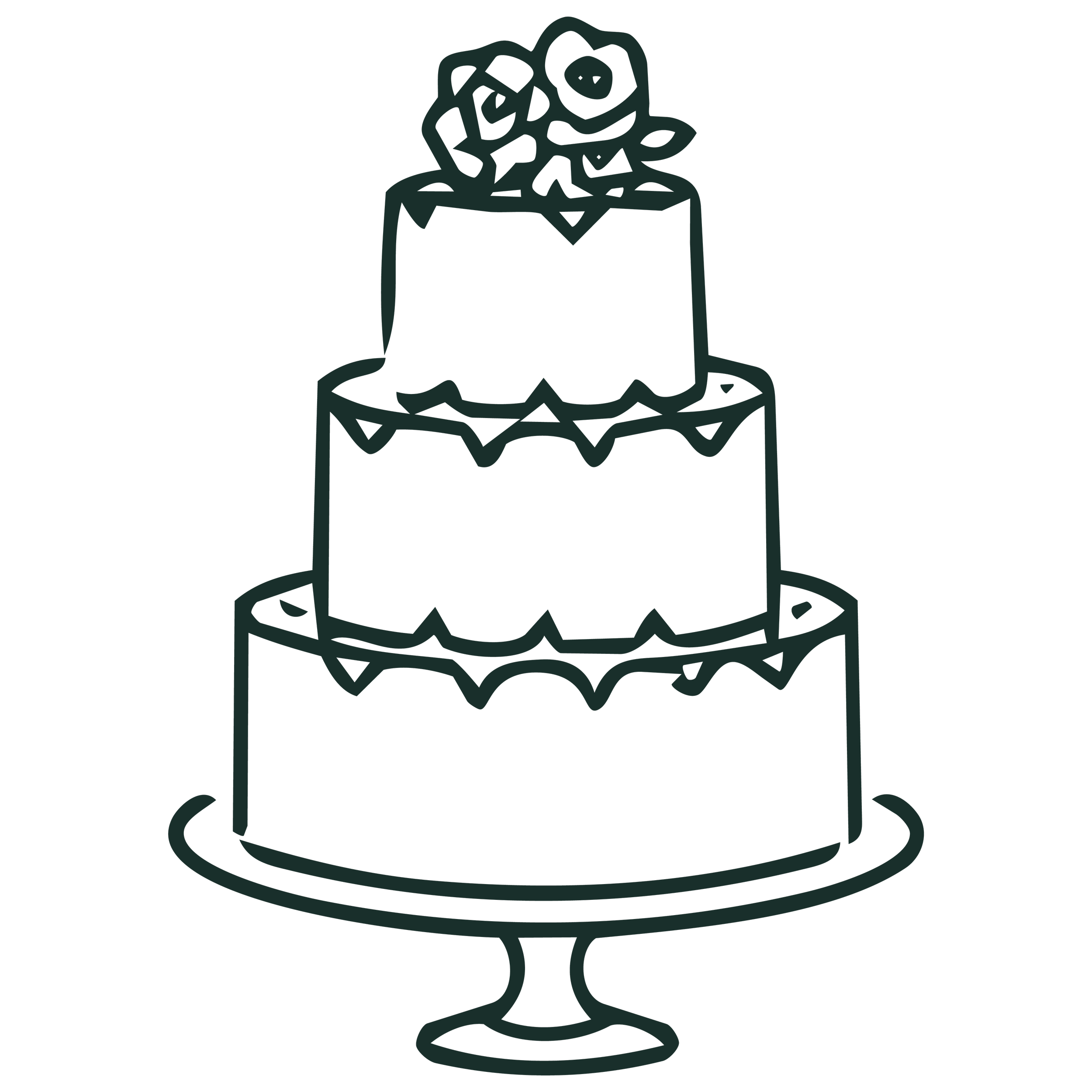 The Bradshaw brand graphic of a tiered wedding cake with flowers on top on a cake stand.