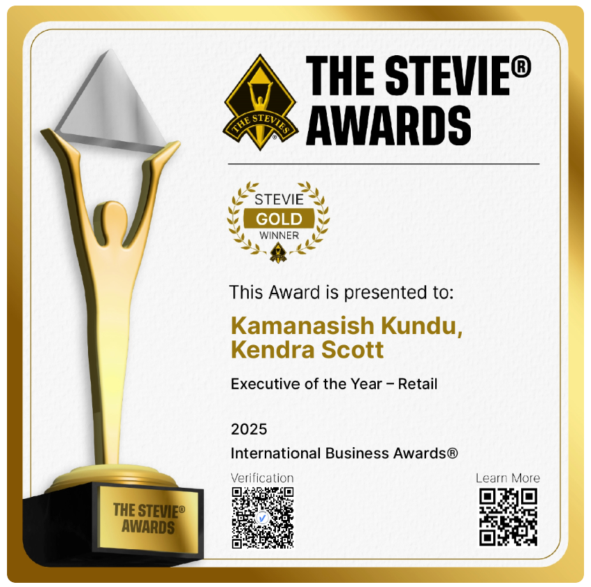Stevie Gold Award certificate presented to Kamanasish Kundu and Kendra Scott for Executive of the Year, Retail, 2025 International Business Awards.