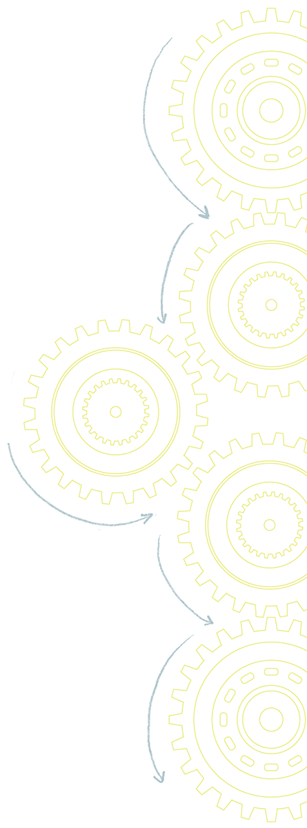 A series of gears with drawn arrows to show movement