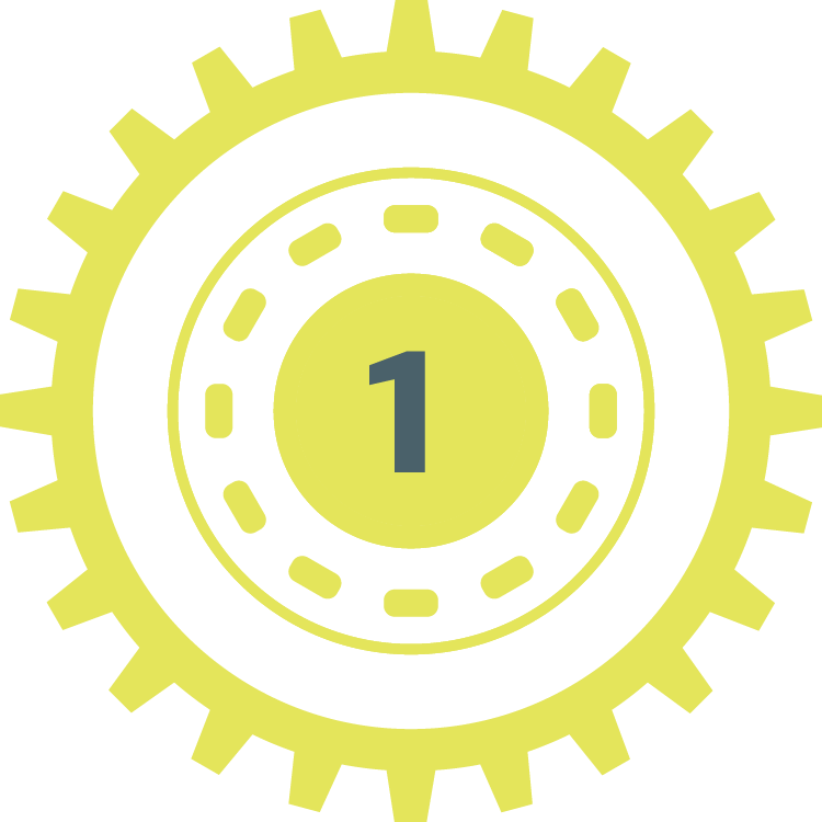 A graphic of a gear with a yellow outer edge and inner circles, with the number one in the center.