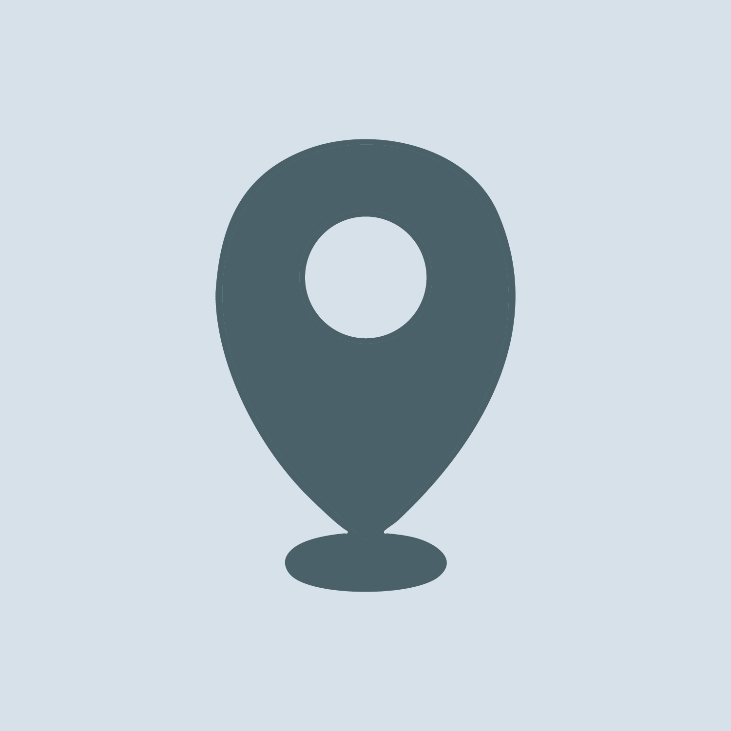 Map pin icon with a teardrop shape, featuring a hollow center, on a light blue background.