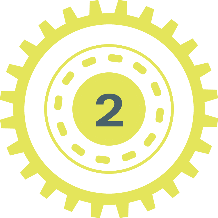 A graphic of a gear with a yellow outer edge and inner circles, with the number two in the center.