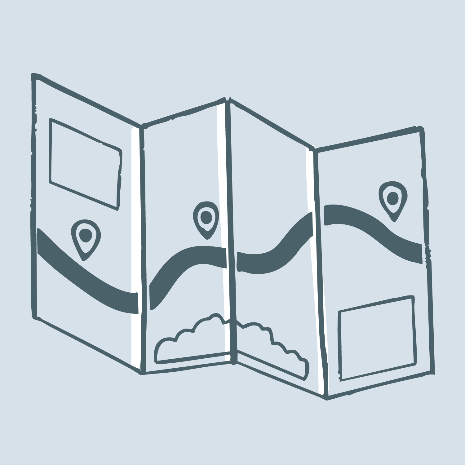 An illustration of a folded paper map showing a winding route with location markers and rectangular sections on a light blue background.