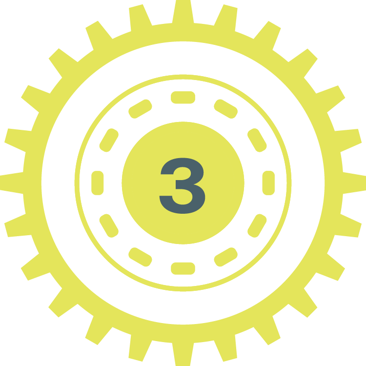 A graphic of a gear with a yellow outer edge and inner circles, with the number three in the center.