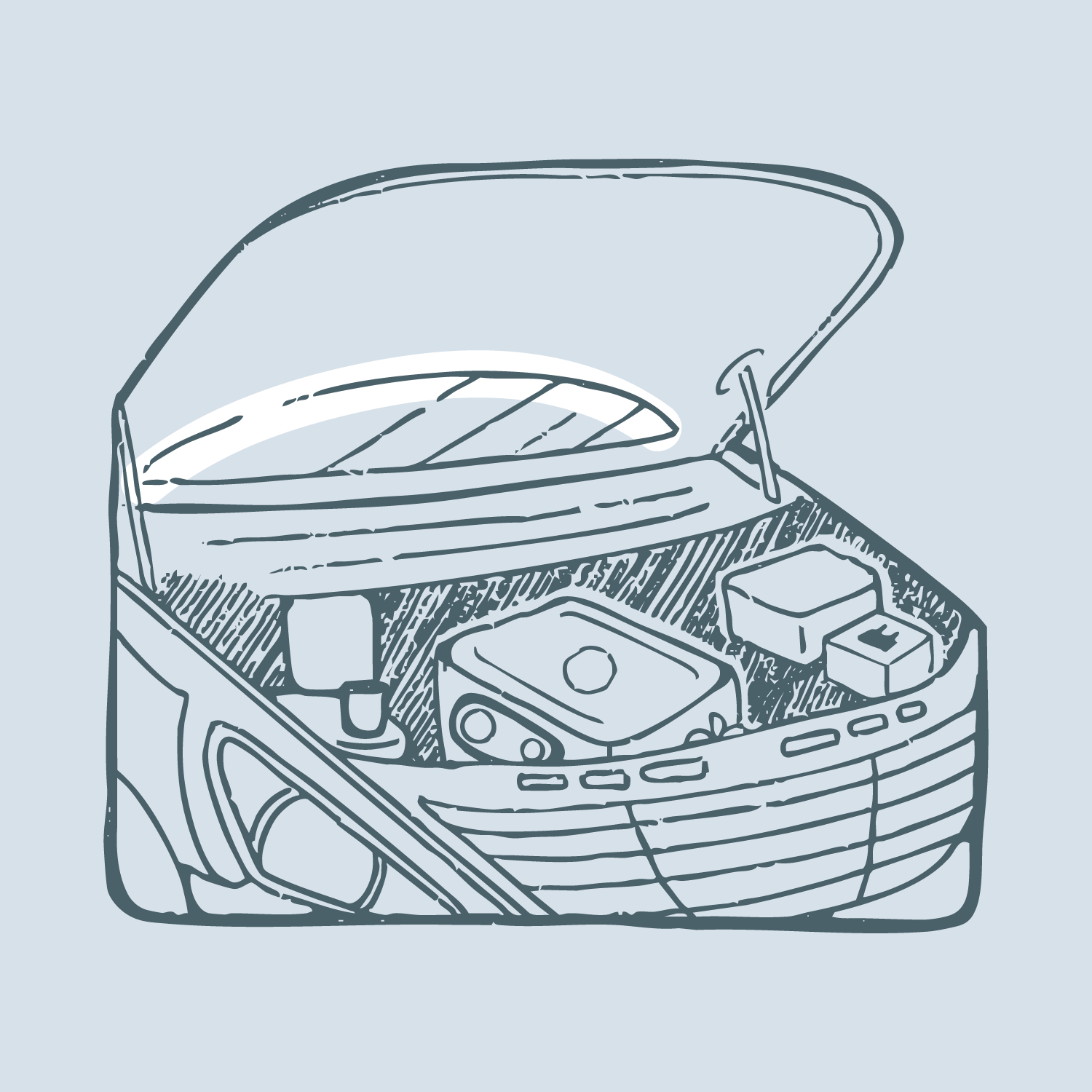 A sketch of an open car hood with visible engine components and a front grill on a light blue background.