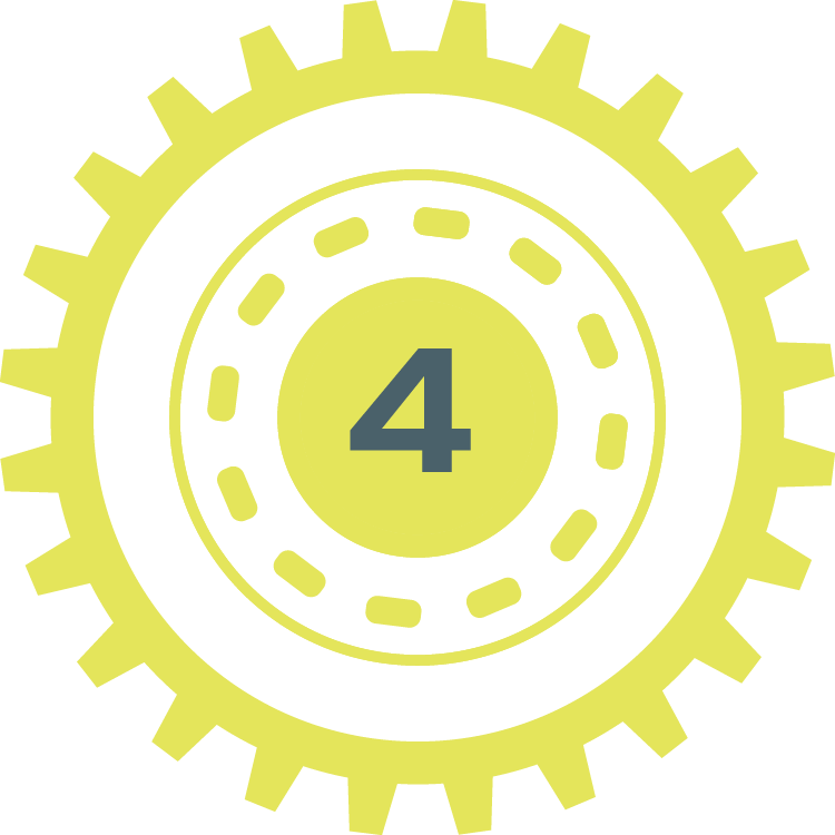 A graphic of a gear with a yellow outer edge and inner circles, with the number four in the center.