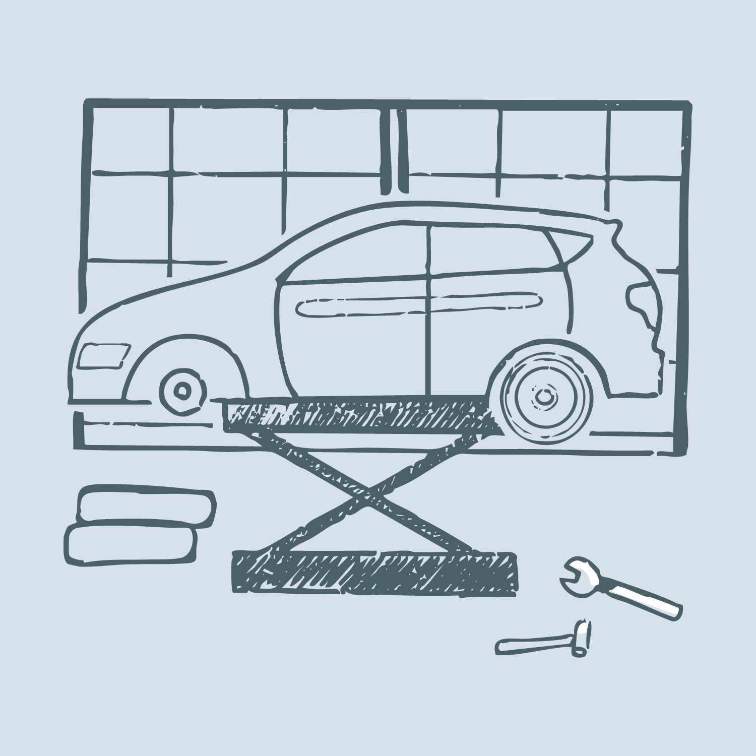 Line drawing of a car on a garage lift, surrounded by tools and supplies, on a light blue background.