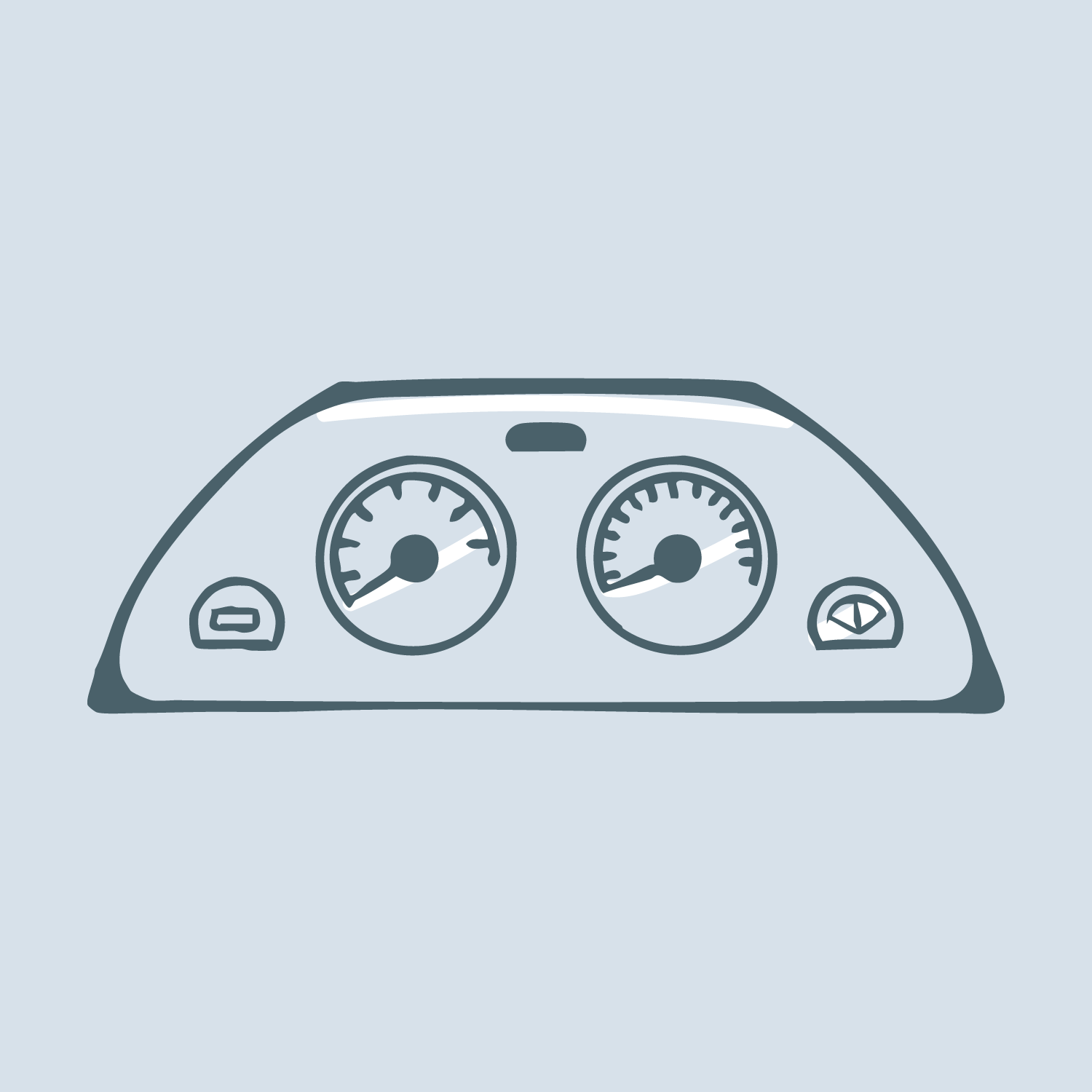 Drawing of a car dashboard with speedometer, tachometer, fuel gauge, and temperature gauge on a light blue background.