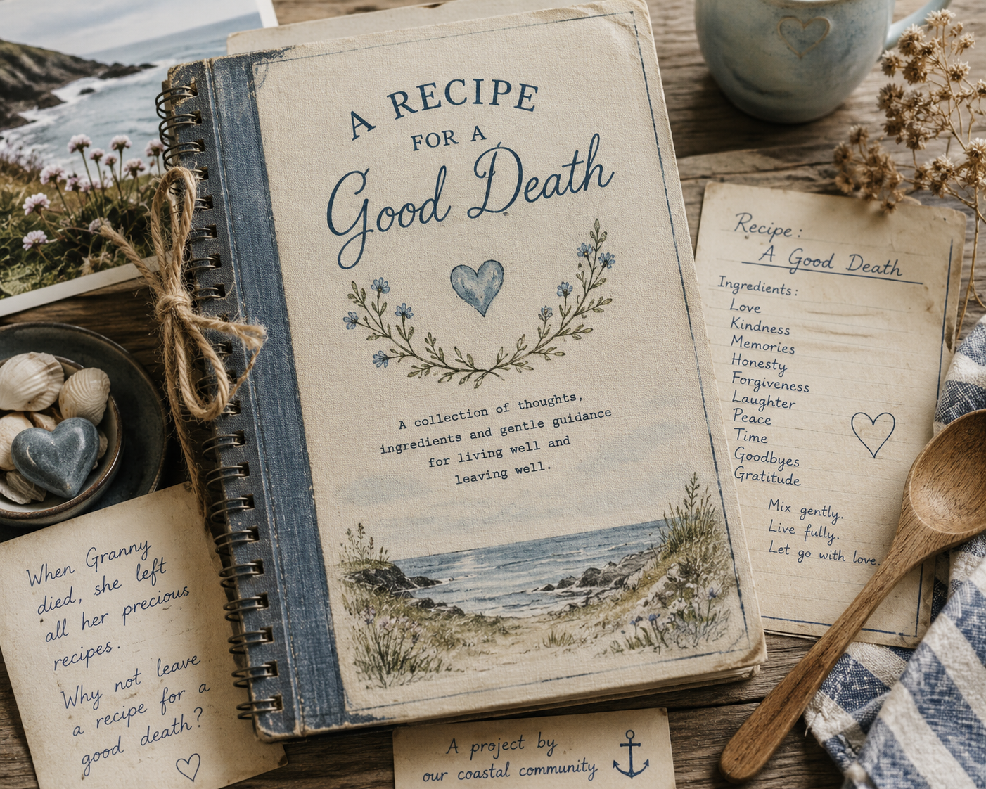 Open notebook titled 'A Recipe for a Good Death' with a coastal illustration, surrounded by handwritten notes, seashells, a wooden spoon, and a cup on a wooden table.