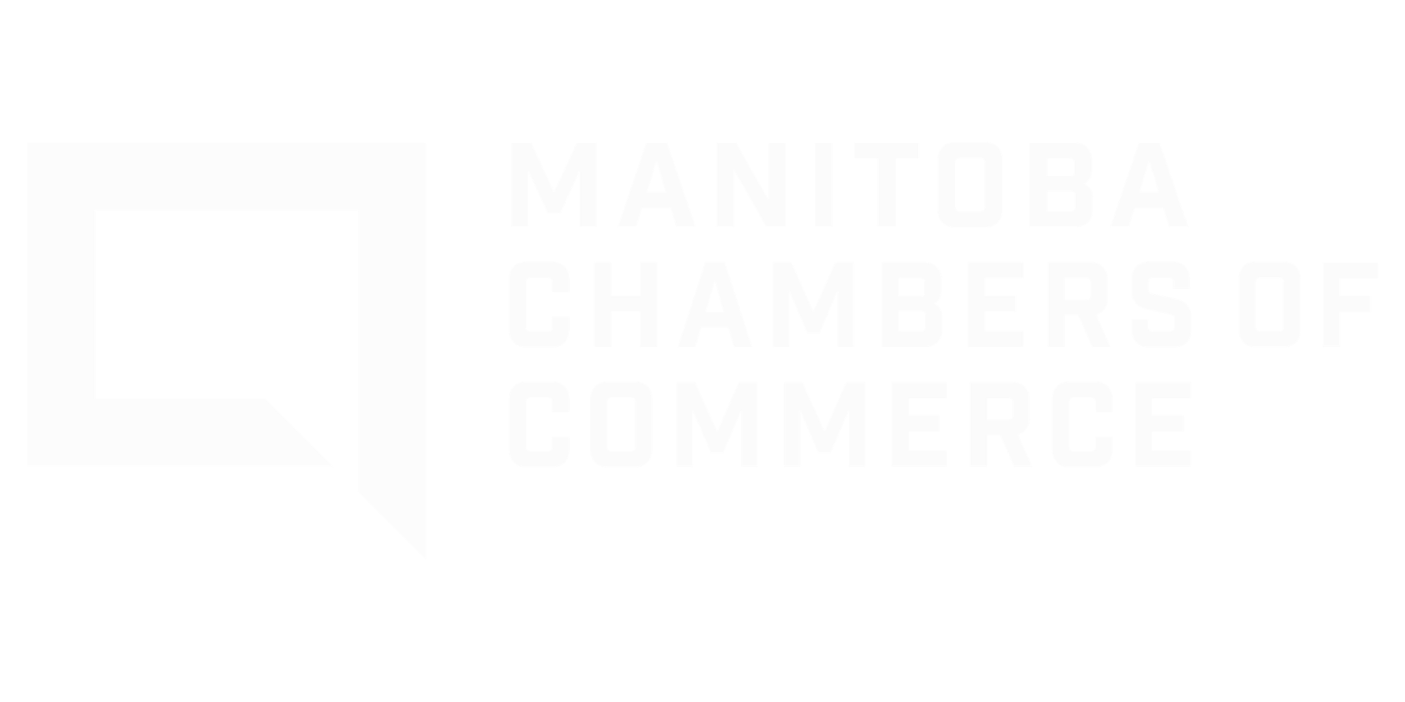 Logo of the Manitoba Chamber of Commerce featuring a speech bubble with a square inside and text to the right that reads 'Manitoba Chamber of Commerce'.