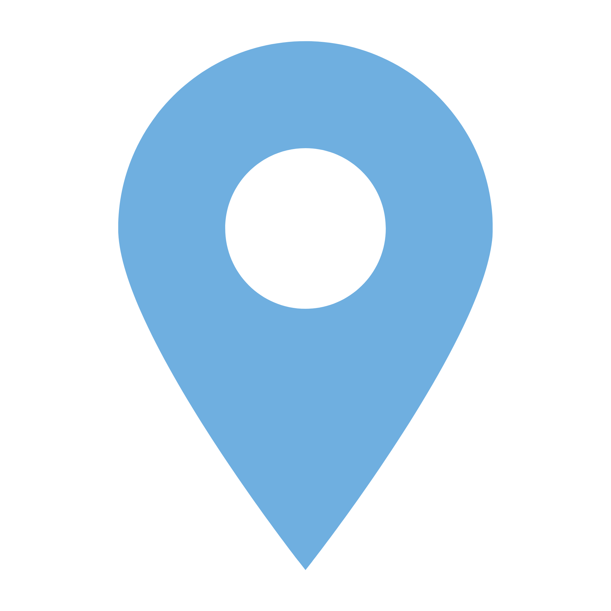 Blue map pin icon with a black circle in the center on a black background.