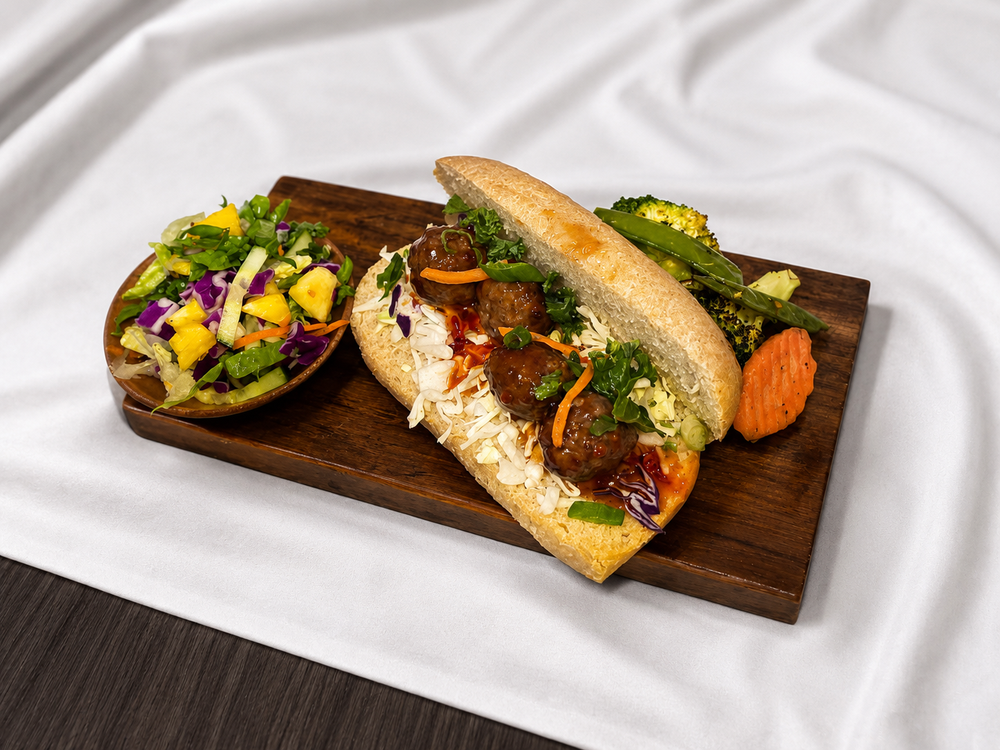 A sandwich on a wooden platter with a side salad and cooked vegetables.