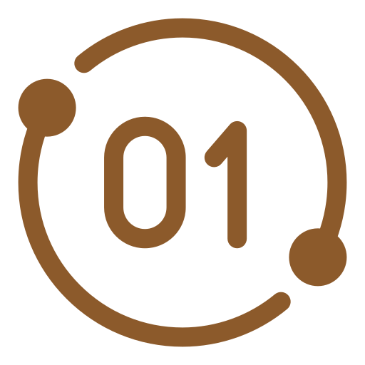 Blue circular design with the number '01' inside and two smaller circles connected by a curved line.