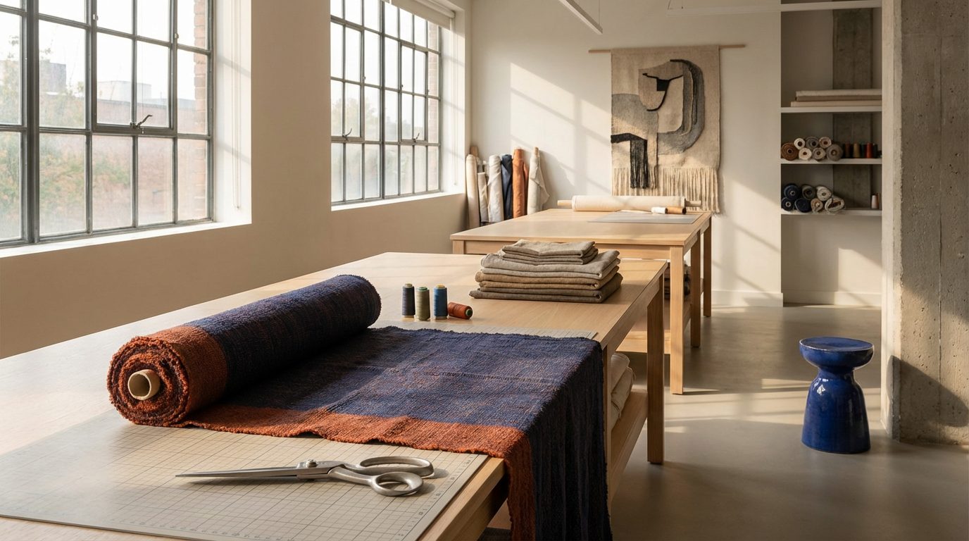 Interior of a textile studio with large windows, wooden tables with fabrics, threads, and tools, and a wall hanging with geometric designs. Natural sunlight illuminates the space.