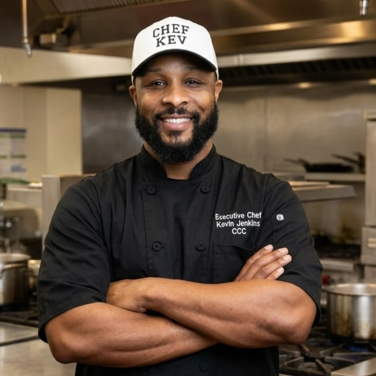 A smiling man with a beard in a black chef's coat and white cap in a commercial kitchen. The cap says 'Chef Kev' and the coat has embroidered text, 'Executive Chef Kevin Jenkins CCC'.