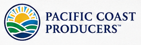 Logo of Pacific Coast Producers featuring a sun rising over a green landscape with blue rolling hills.