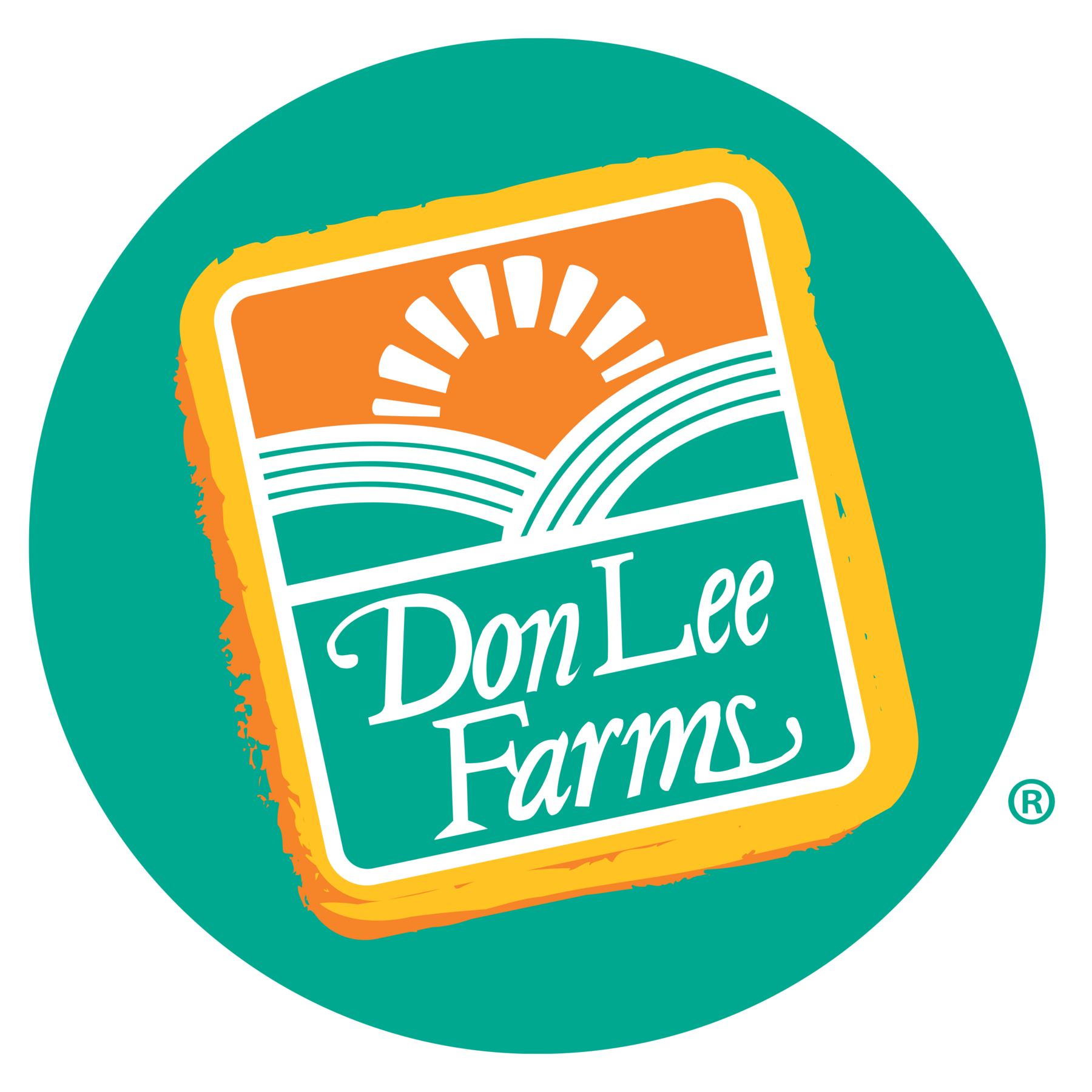 Close-up of a sign that reads 'Dot Lee Farms' with sun and landscape graphic, featuring a bright yellow border and teal background.