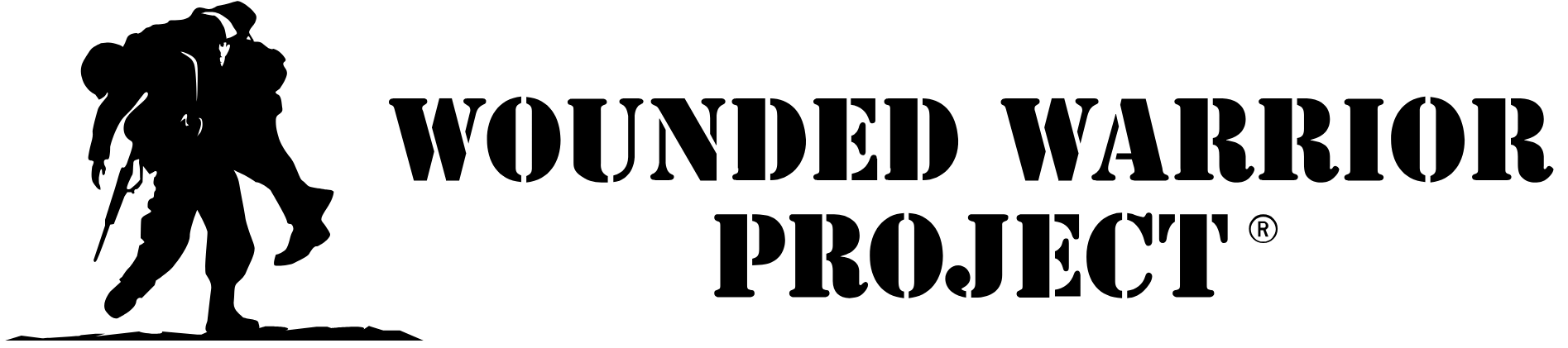 Black and white logo of a soldier silhouette carrying a backpack and a gun, with the text "Wounded Warrior Project" next to it.