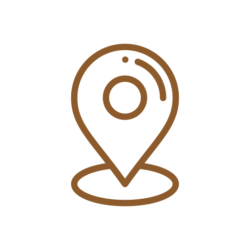 Icon of a map location marker in brown against a black background.