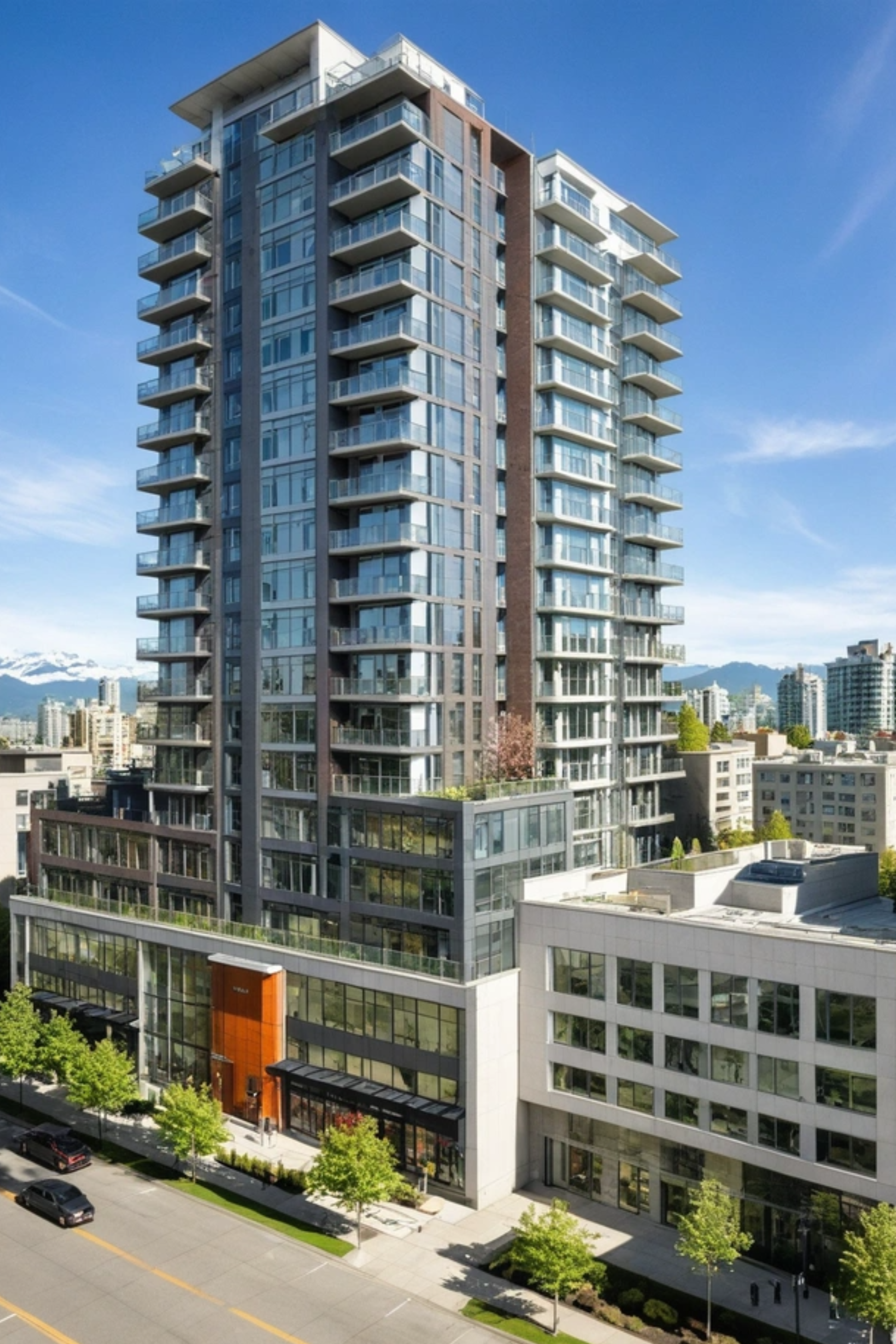 Modern high-rise building with glass balconies, large windows, and a landscaped ground level in an urban cityscape with mountains in the background.