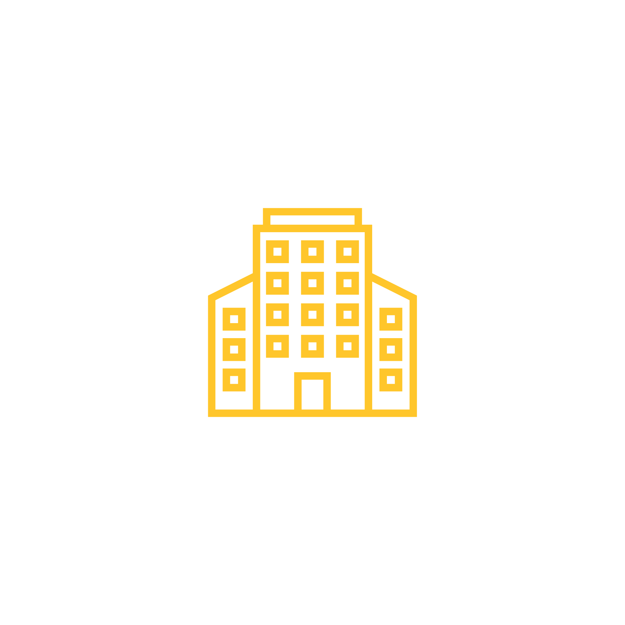 Outline of a tall building with a flag on top, drawn in yellow lines on a white background.