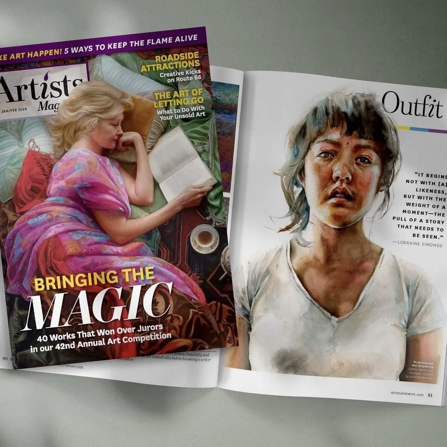 Open magazine with an illustration of a woman with short hair, wearing a white T-shirt, and a photo of a woman lying on a bed reading a book, wrapped in a colorful blanket, with a cup of coffee nearby.