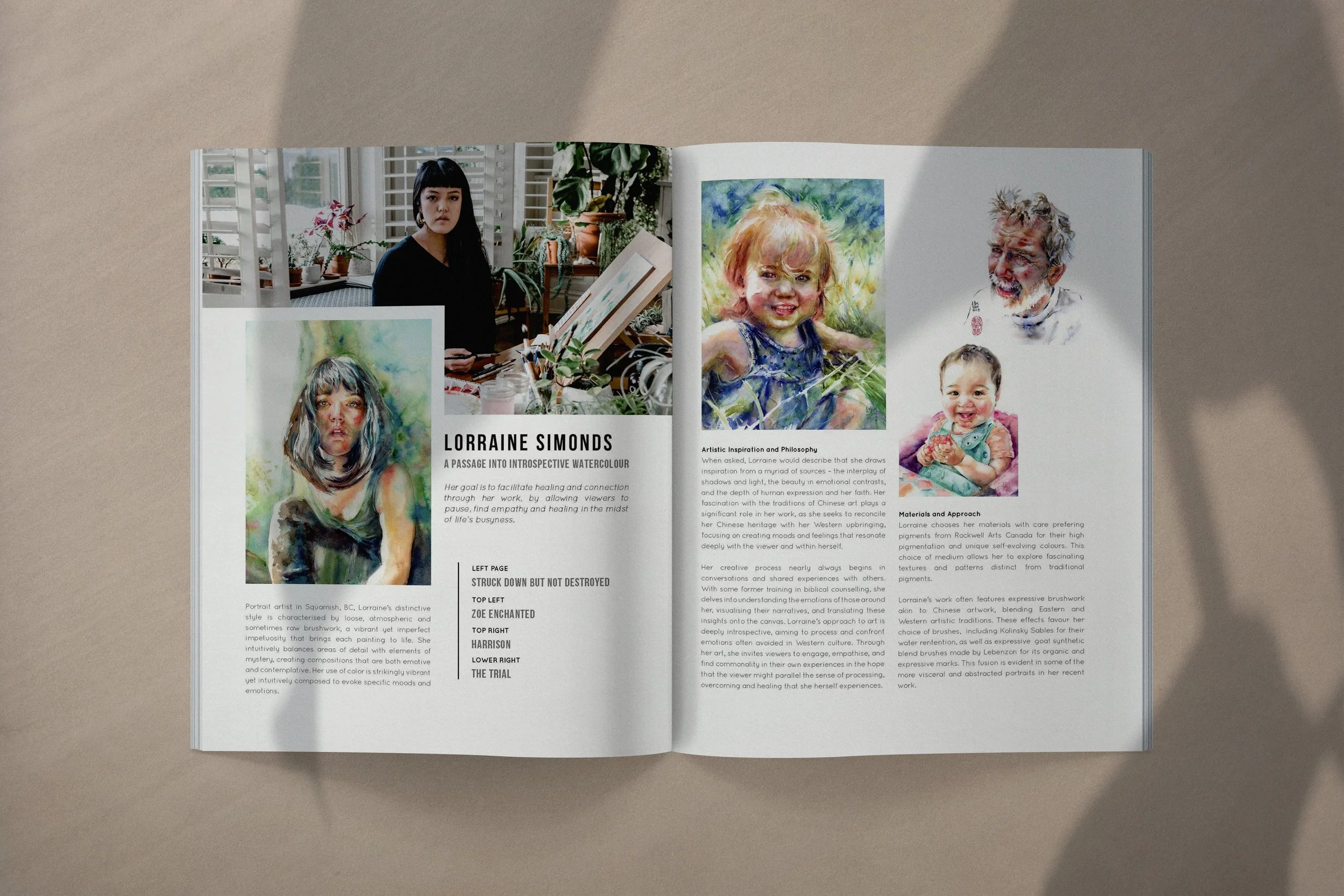 Open magazine spread featuring watercolor portraits and articles about Lorraine Simonds, showcasing her artwork and artistic philosophy.