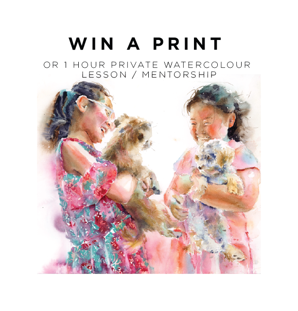 Two young girls holding small dogs and smiling, watercolor style illustration.