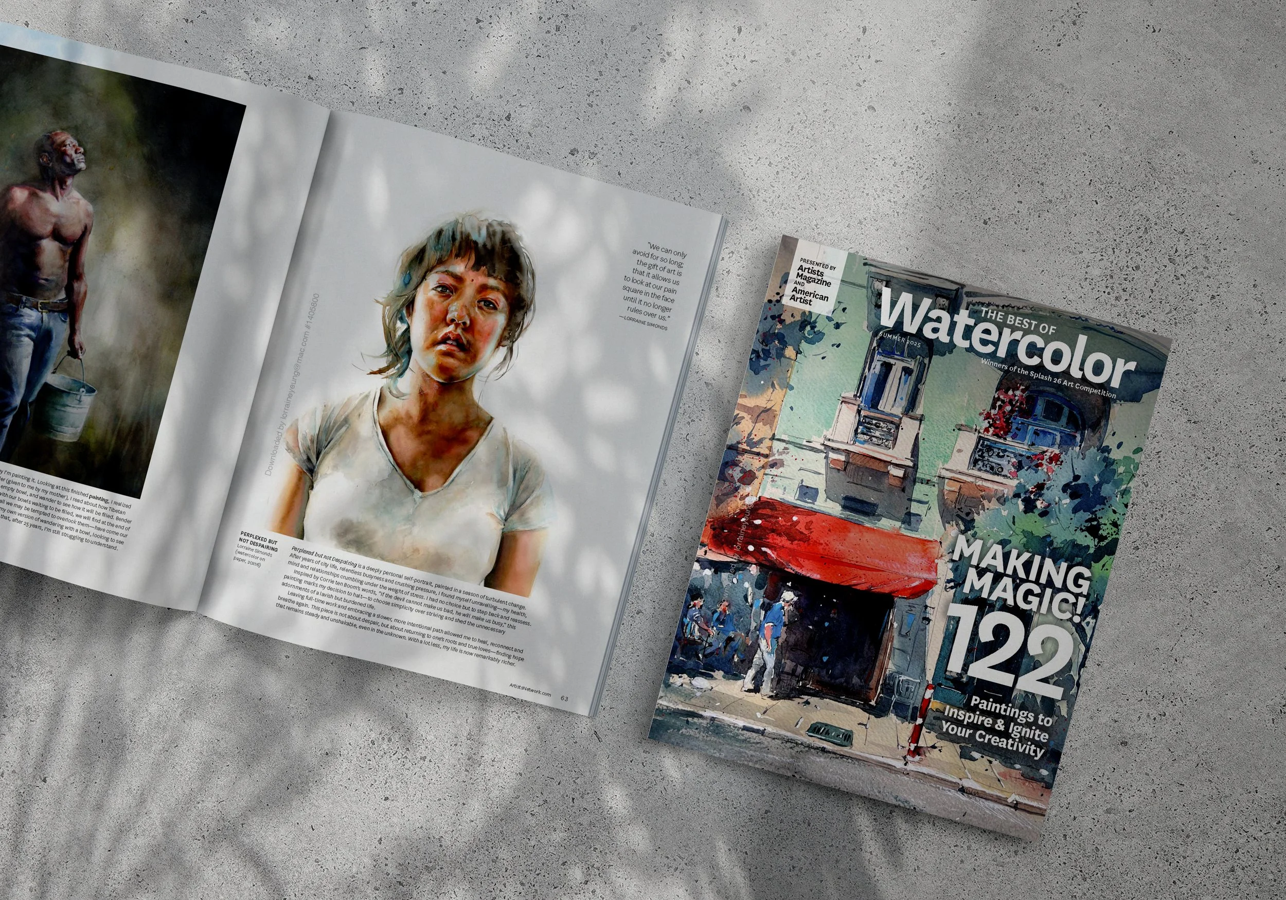 A magazine spread featuring a realistic watercolor portrait of a young woman with short brown hair and a serious expression, alongside an artist's quote. To the right, a colorful watercolor painting of a cityscape with a train and vibrant splashes of