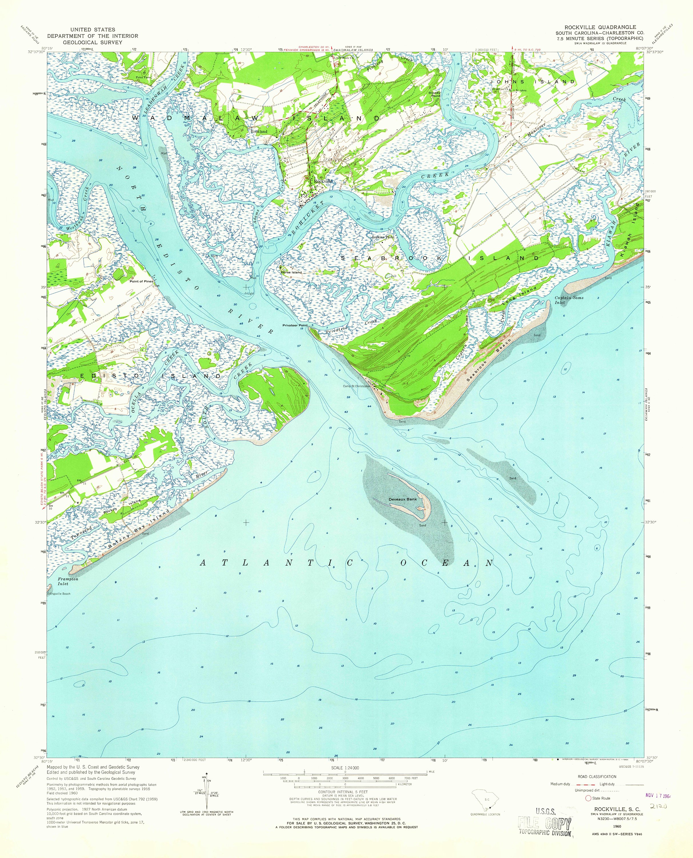 U.S. Geological Survey, 1960, USGS 1:24000-scale Quadrangle for Rockville, SC 1960: U.S. Geological Survey.