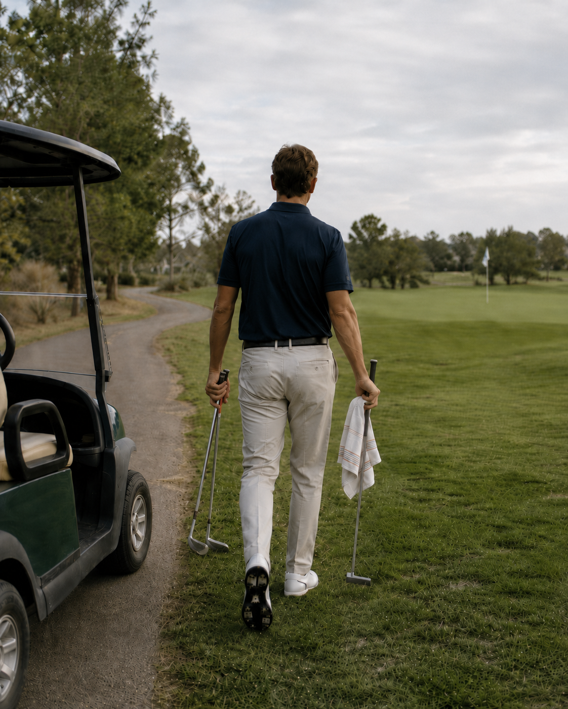 Golfer walking from a golf cart toward the green carrying wedges, a putter, and a towel.