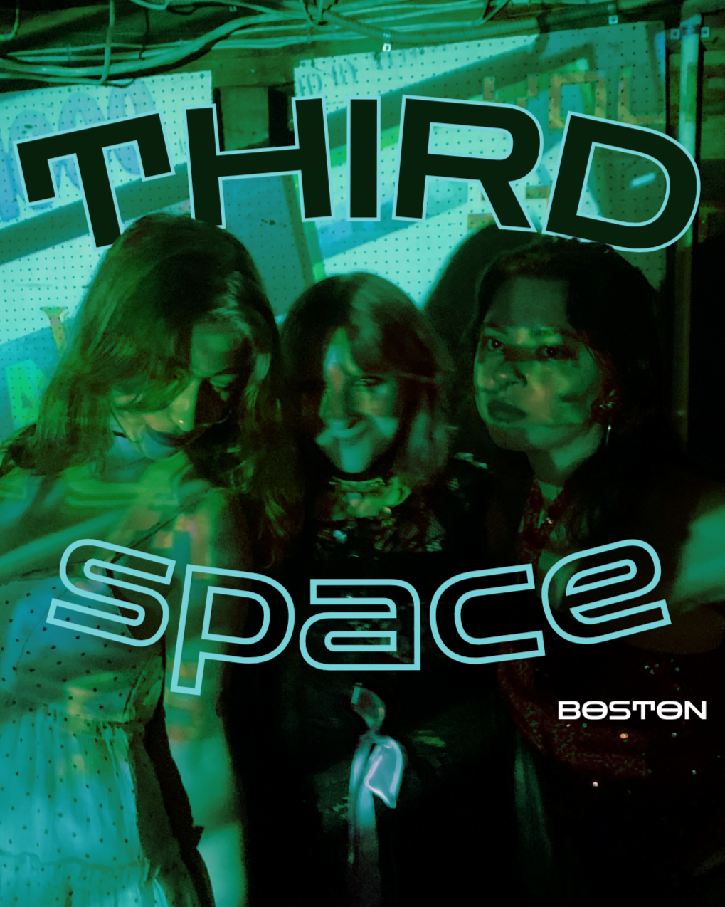 Three women in a dark, neon-lit room with the words "Third Space" in stylized font overlaying the photo. The women are smiling and dancing while posing for the photo.