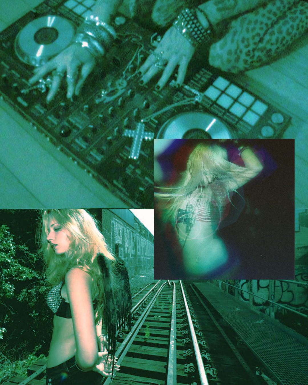 Compilation of four images: a DJ's hands on turntables, a woman with long hair dancing with colorful lights, a woman with long hair standing outdoors near train tracks, and a woman with long hair and angel wings standing on a railing.