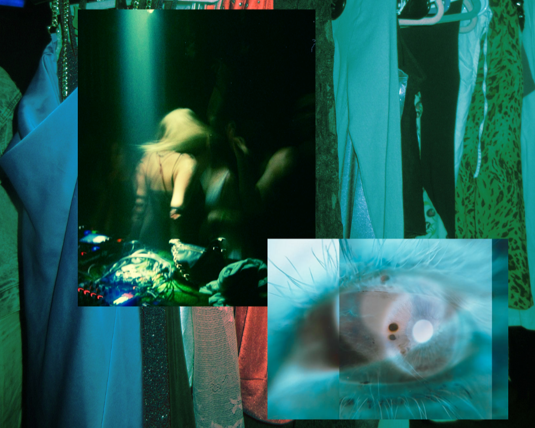 A blurred image of a woman with long hair at a nightclub or party, with colorful lighting and DJ equipment in the foreground. An enlarged, close-up image of a human eye is layered over the scene.