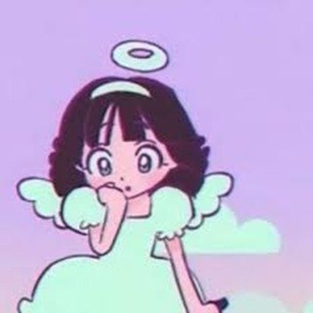 Cute cartoon angel girl with dark hair, halo, wings, and a white dress, sitting on a cloud, with a thoughtful expression.